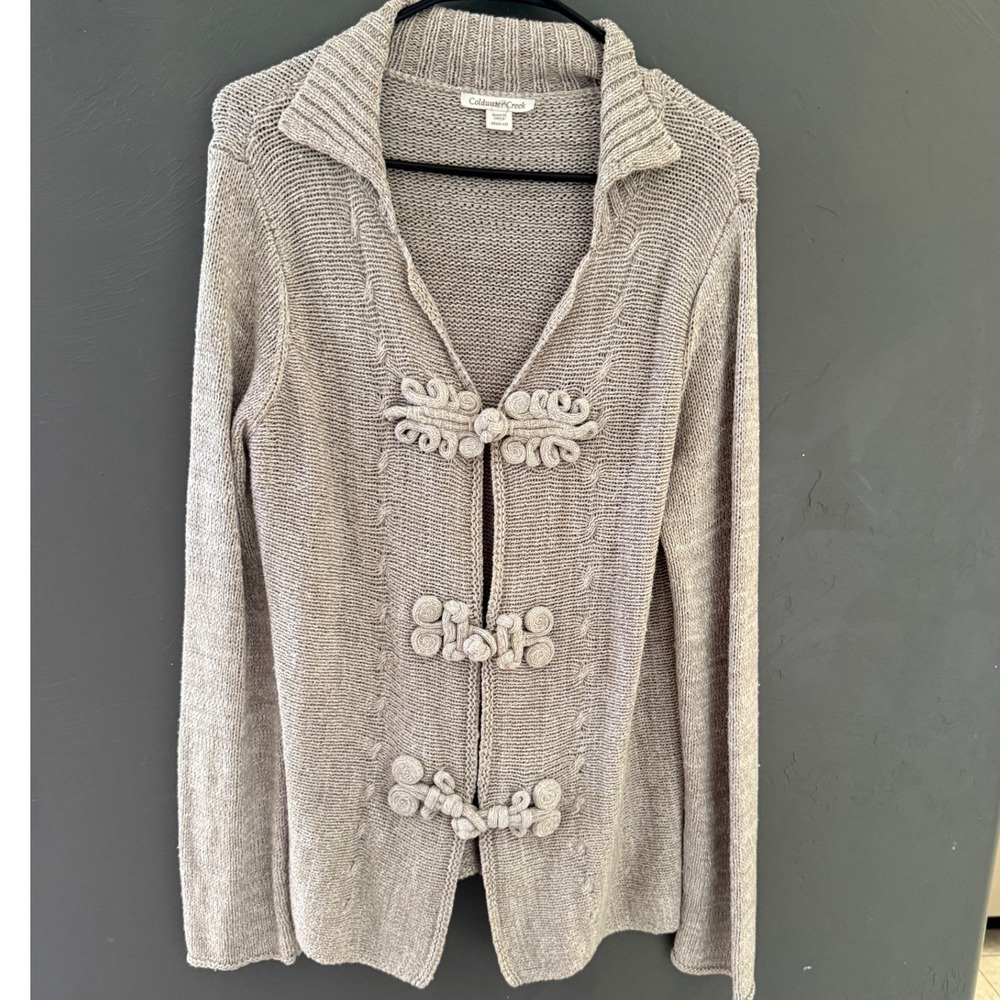 Coldwater Creek Oatmeal Taupe Frog Closure Cardigan Sweater Metallic Knit Medium